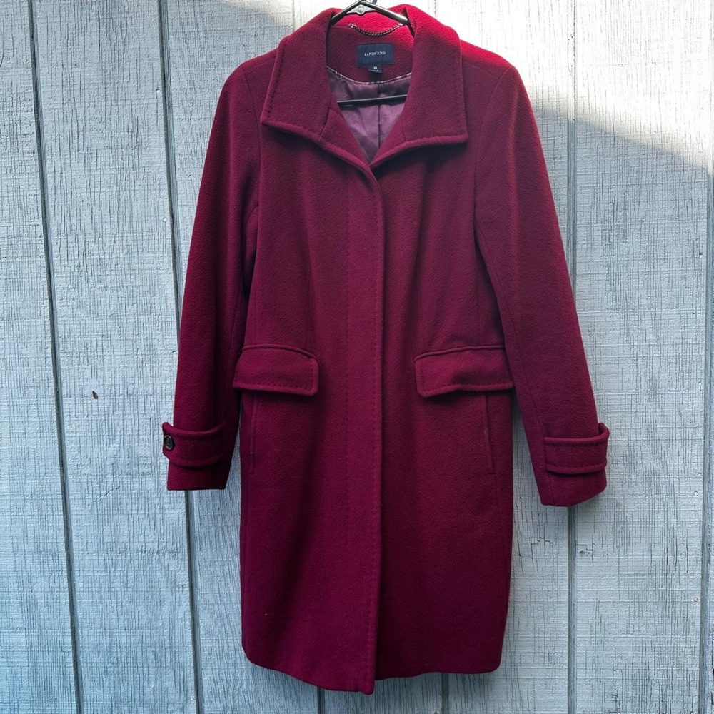 Lands End Women's Burgundy Wool Blend Coat Size 10 Full Length Winter Outerwear